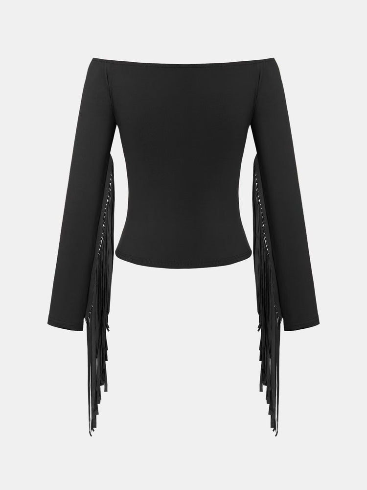 Black off-shoulder top with fringe details on a white background