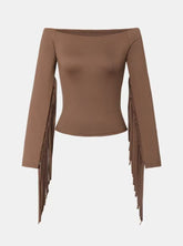 Brown off-shoulder top with fringe details on a white background