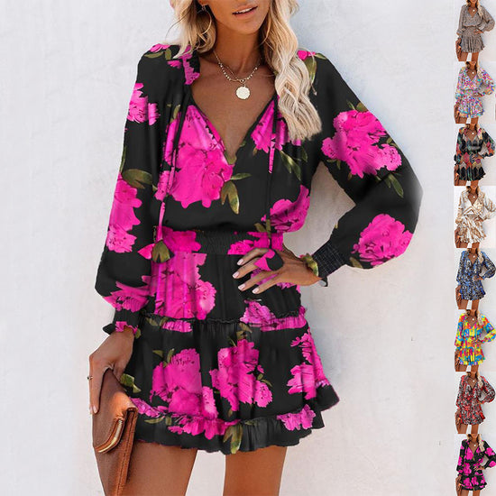 Women s Floral Print Puff Sleeve Midi Dress with Waist Tie and Patchwork Detail