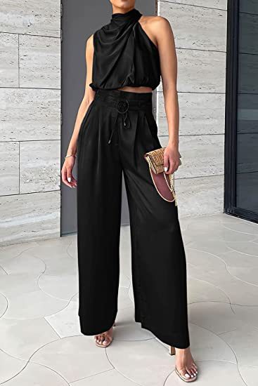 Signature Satin Viscose Two-Piece Set - Halter Crop Top & Wide Leg Pants