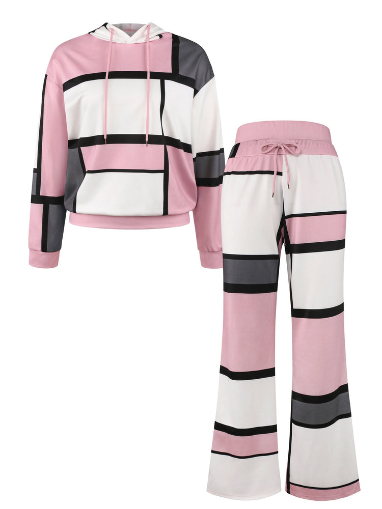Two-piece Set, Long Sleeve Color Block Hoodie & Drawstring Pants Outfits, Casual Women&