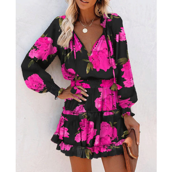 Women s Floral Print Puff Sleeve Midi Dress with Waist Tie and Patchwork Detail