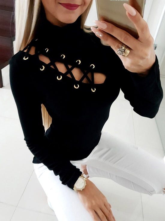 Women s Elegant Ribbed Knit Lace-Up Long Sleeve Top – Mock Neck Cut-Out Eyelet Blouse