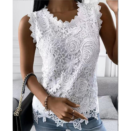 Women s Elegant Floral Lace Sleeveless Top Scalloped Hem Boutique Crochet Blouse