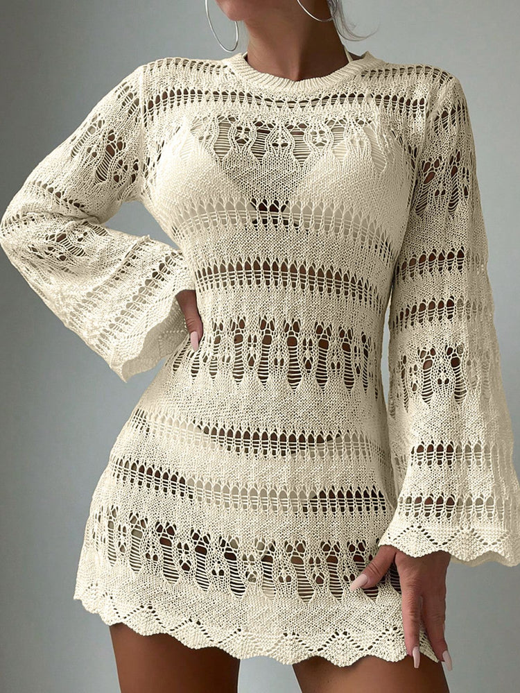 Apricot Hollow-Out Knit Beach Mini Dress for Vacation - Lifestil