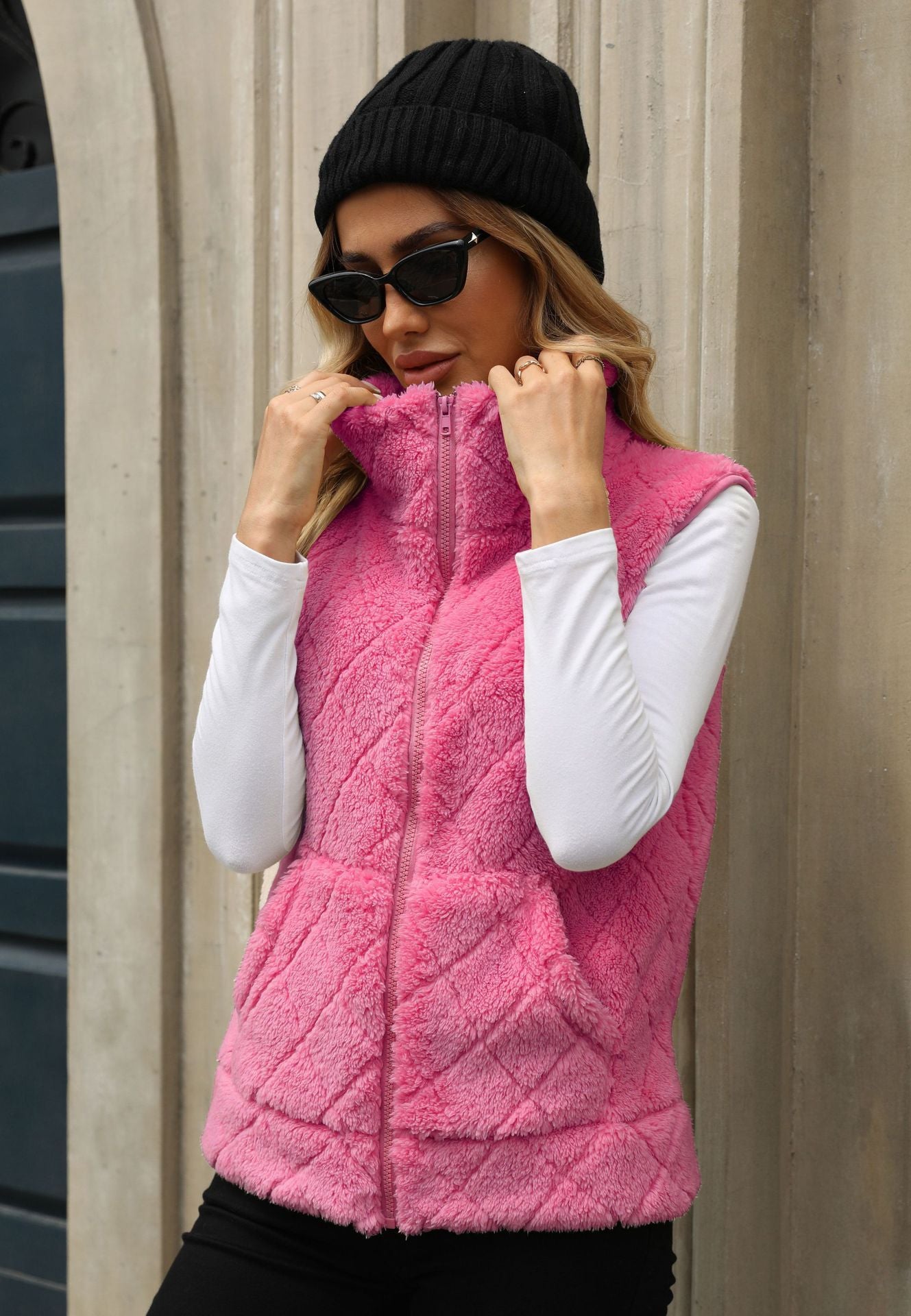 Cardigan Zipper Loose Diamond Lattice Coat Plush Vest