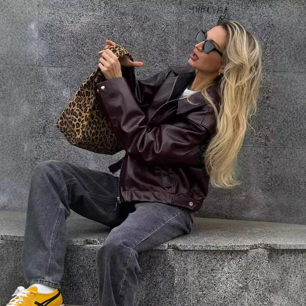 Solid Color Lapel Zipper Jacket Fashion Casual Long Sleeve Leather Coat Tops Women Clothing - Lifestil. www.Lifestil.net