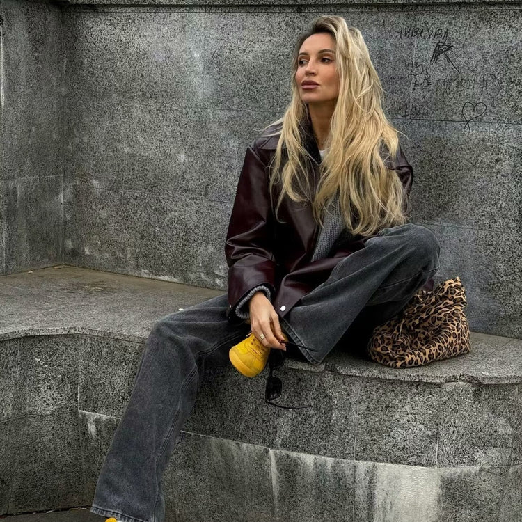 Solid Color Lapel Zipper Jacket Fashion Casual Long Sleeve Leather Coat Tops Women Clothing - Lifestil. www.Lifestil.net