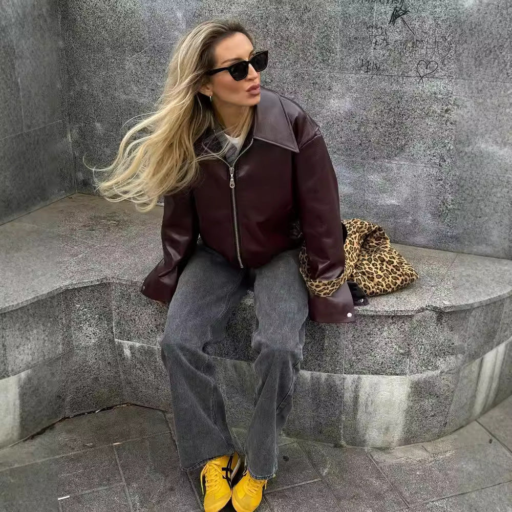 Solid Color Lapel Zipper Jacket Fashion Casual Long Sleeve Leather Coat Tops Women Clothing - Lifestil. www.Lifestil.net