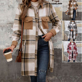 New Brushed Plaid Long Coat With Pockets Fashion Winter Jacket Outwear Women&