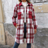 New Brushed Plaid Long Coat With Pockets Fashion Winter Jacket Outwear Women&