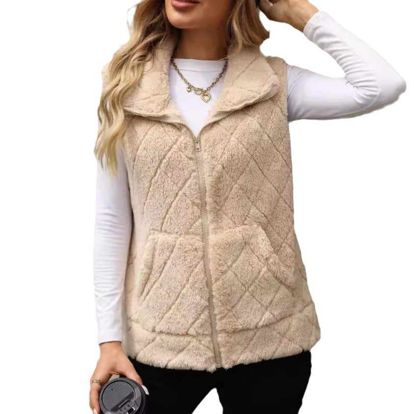 Cardigan Zipper Loose Diamond Lattice Coat Plush Vest