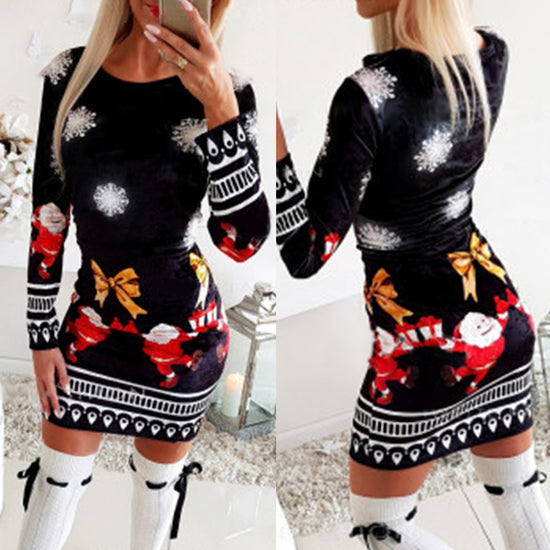 Long sleeve crew neck Christmas print sexy dress - Lifestil. www.Lifestil.net