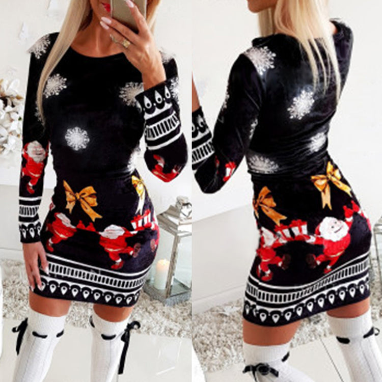 Long sleeve crew neck Christmas print sexy dress - Lifestil. www.Lifestil.net