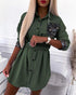 Dark Green Long Sleeve Shirt Dress with Animal Print Pocket Detail - Lifestil