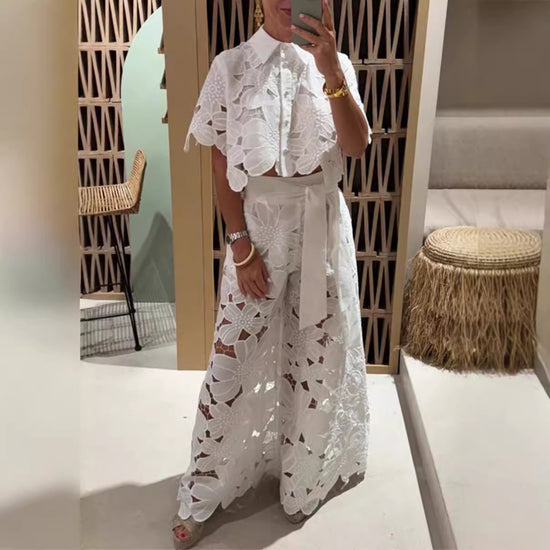 Women s Elegant Eyelet Lace Two Piece Set Cropped Button Down Shirt and Wide Leg