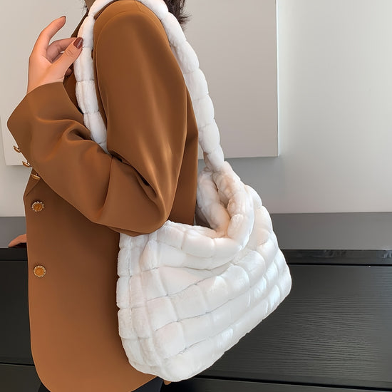 A Korean-style plush tote bag with a soft, fuzzy cube-shaped texture