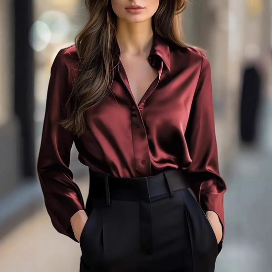 Elegant Satin Long Sleeve Blouse For Women Button-Up Collar Shirt Perfect For Casual Professional Business Work Wear Women&