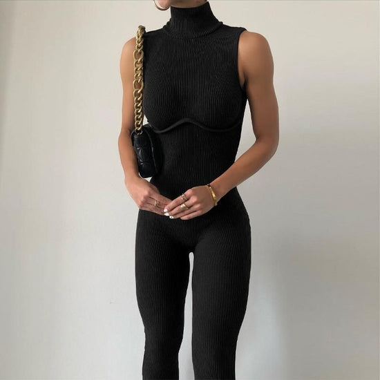 Women s High Neck Backless Yoga Jumpsuit – Sleeveless Bodycon Mock Neck One-piece Bodysuit