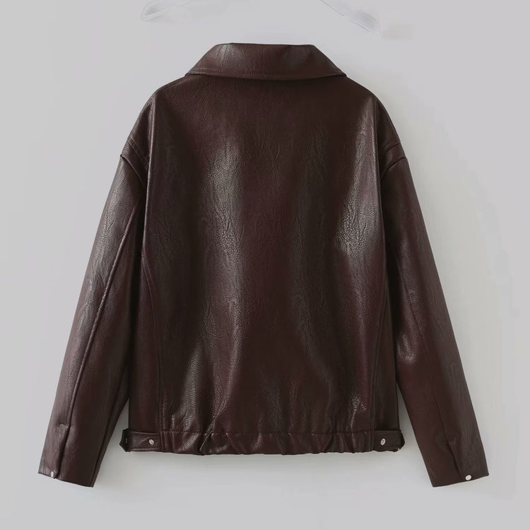 Solid Color Lapel Zipper Jacket Fashion Casual Long Sleeve Leather Coat Tops Women Clothing - Lifestil. www.Lifestil.net
