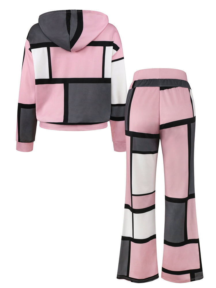 Two-piece Set, Long Sleeve Color Block Hoodie & Drawstring Pants Outfits, Casual Women&