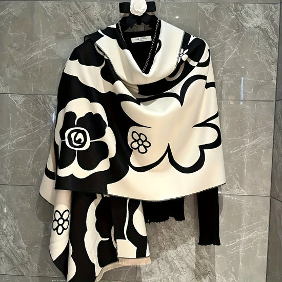 Midnight Bloom – Black & White Camellia Wrap" A soft statement of style in monochrome petals