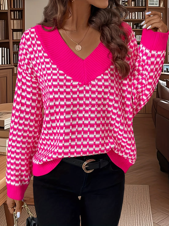 Chic & Cozy: Must-Have Pink & Red Ribbed V-Neck Sweater for Your Trendsetting Wardrobe