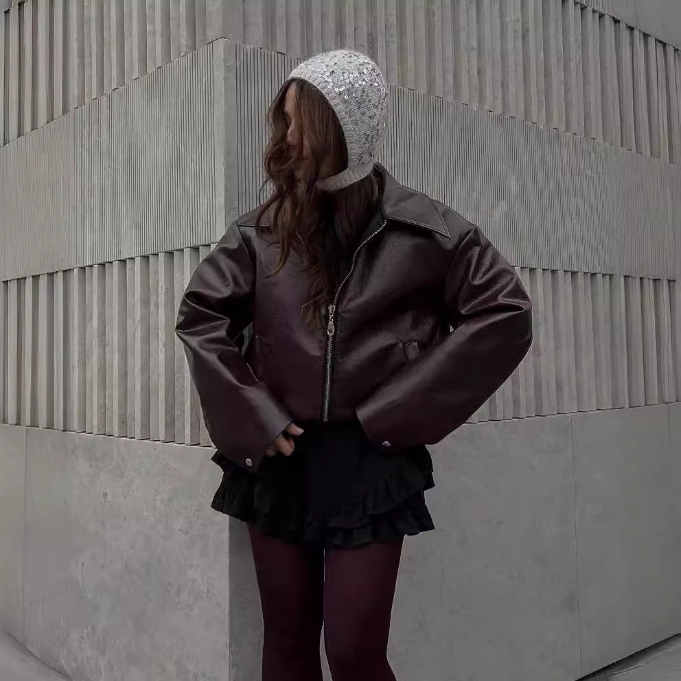 Solid Color Lapel Zipper Jacket Fashion Casual Long Sleeve Leather Coat Tops Women Clothing - Lifestil. www.Lifestil.net