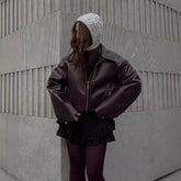 Solid Color Lapel Zipper Jacket Fashion Casual Long Sleeve Leather Coat Tops Women Clothing - Lifestil. www.Lifestil.net