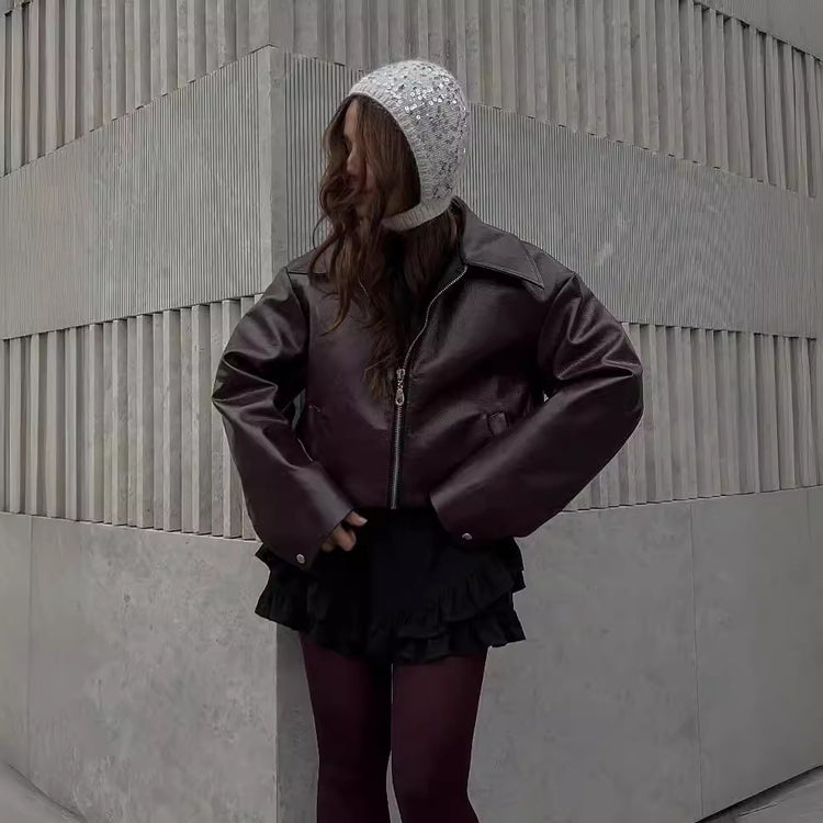 Solid Color Lapel Zipper Jacket Fashion Casual Long Sleeve Leather Coat Tops Women Clothing - Lifestil. www.Lifestil.net