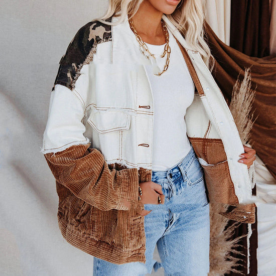 Woman Lapel Retro Camouflage Corduroy Jacket