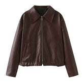 Solid Color Lapel Zipper Jacket Fashion Casual Long Sleeve Leather Coat Tops Women Clothing - Lifestil. www.Lifestil.net