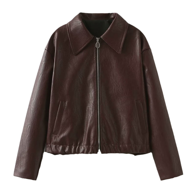 Solid Color Lapel Zipper Jacket Fashion Casual Long Sleeve Leather Coat Tops Women Clothing - Lifestil. www.Lifestil.net