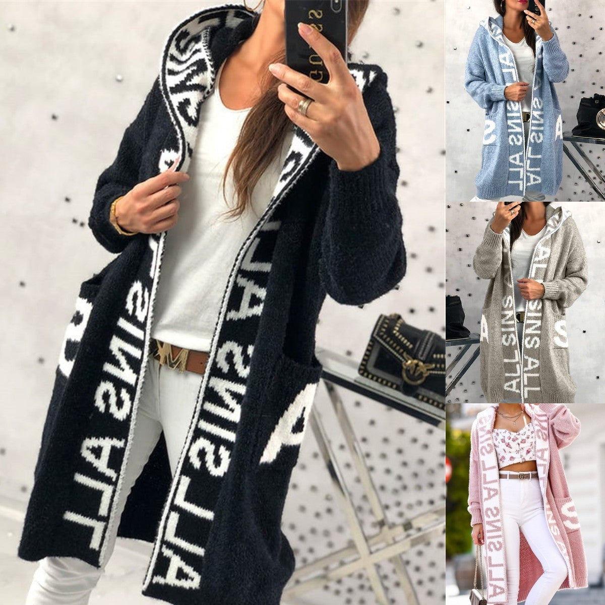 Fashion Style Cardigan Hooded Knitted Women&