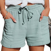 Mint Green Lightweight Textured Summer Shorts with Drawstring - Lifestil Boutique