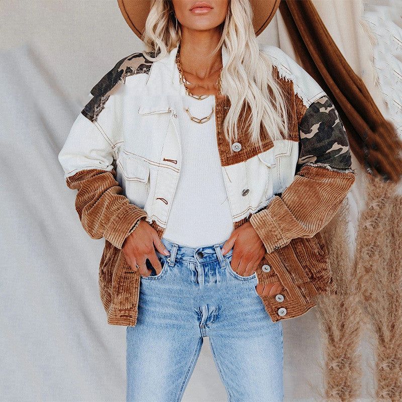 Woman Lapel Retro Camouflage Corduroy Jacket