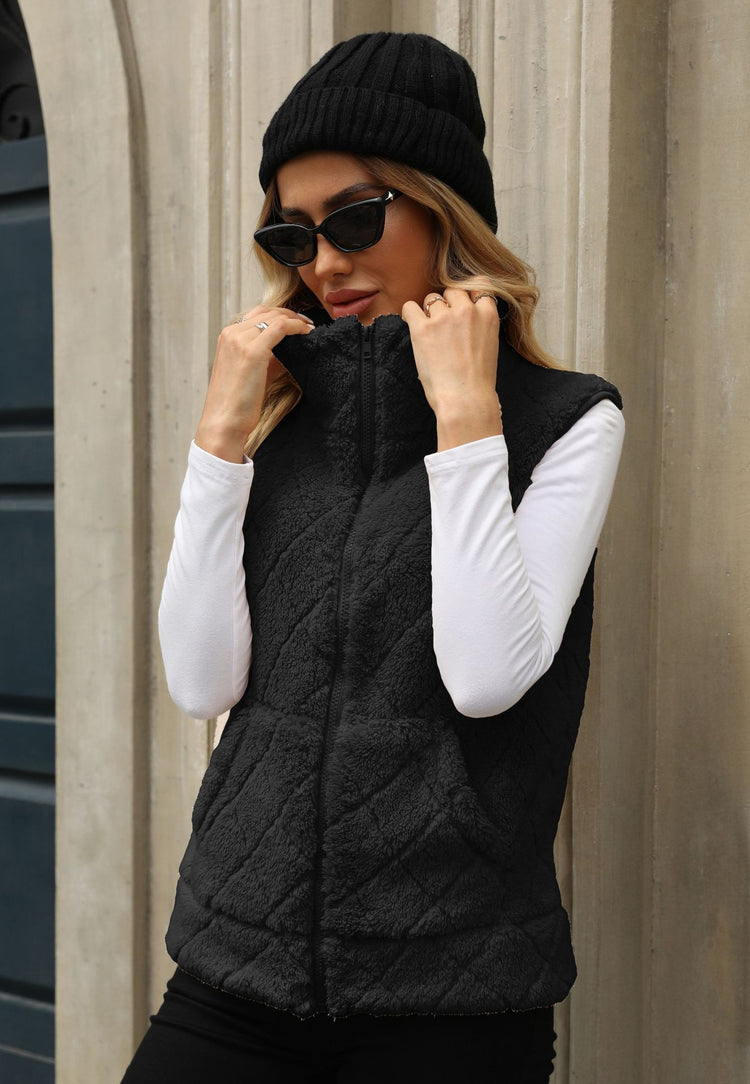 Cardigan Zipper Loose Diamond Lattice Coat Plush Vest