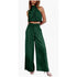 Green two-piece outfit with a halter top and wide-leg pants on a white background