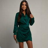 Elegant Emerald Green Satin Long Sleeve Mini Dress - Lifestil