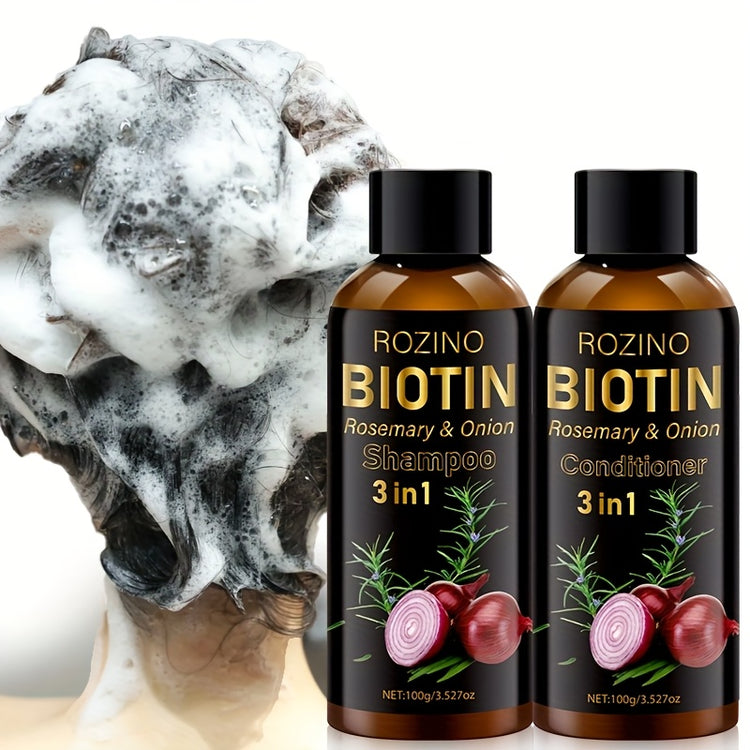 2pcs*100g Biotin Rosemary Onion Trio Shampoo & Conditioner Set, with Plant Keratin and Argan Oil Core Ingredients, Rich Lather for Easy Rinse, Removes Loose Dandruff, Strengthens Hair, Repairs Split Ends, Restores Dry/Damaged - Lifestil. www.Lifestil.net
