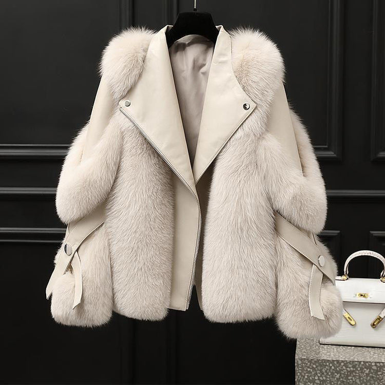 Elegant One-piece fur coat Long wool coat