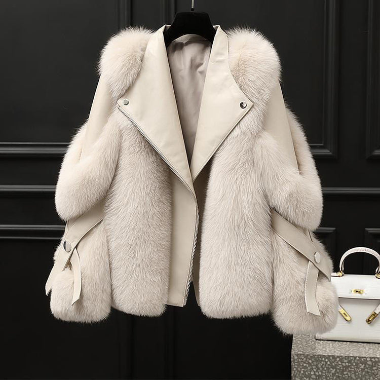 Elegant One-piece fur coat Long wool coat