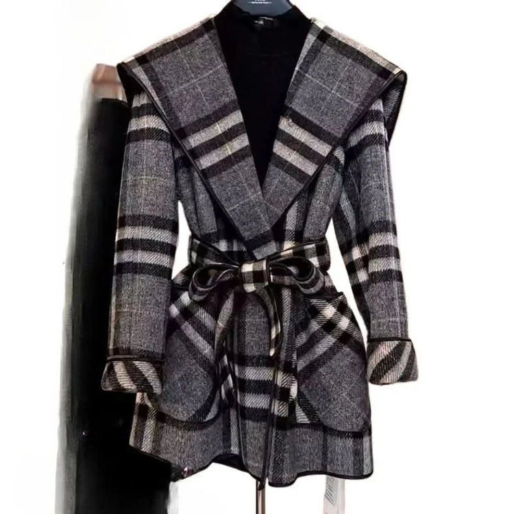 High Appearance Level New Coat Korean Small Fragrance Wind Waist Wool Coat Autumn Winter High-grade Temperament Checked Coat