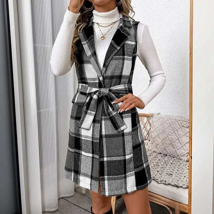 2025 Autumn New Casual Commuter Retro Style Tied Lapel Plaid Women&