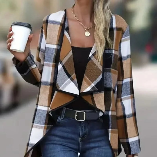 Women Fashion Plaid Print Open Front Coat Elegant Long Sleeve Outwear Lady for Spring Autumn Casual Loose Women&