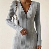 Temperament Elegant Dress Slim Waist Zipper V-neck Bag Hip Knit Bottoming Sweater Dress Autumn and Winter Fashion Women&