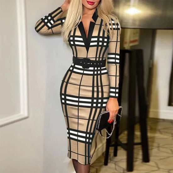 Spring 2024 New Digital Printed Checked Long Sleeve V-neck High Waist Dress