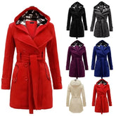 2025 New Plaid Hooded Coat Belt Double-breasted Medium and Long Coat and Jackets Women