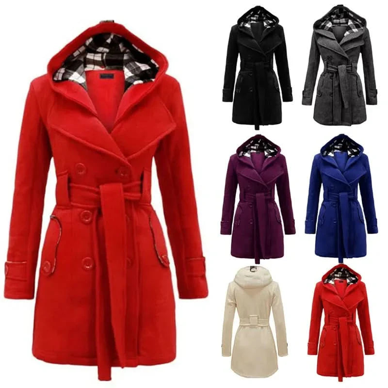 2025 New Plaid Hooded Coat Belt Double-breasted Medium and Long Coat and Jackets Women