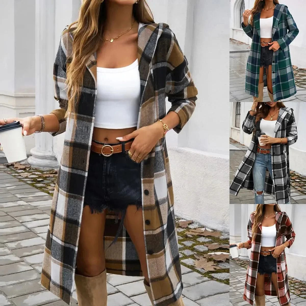 2025 Autumn Winter Fashionable Plaid Print Hooded Long Sleeve Woolen Coat Women&